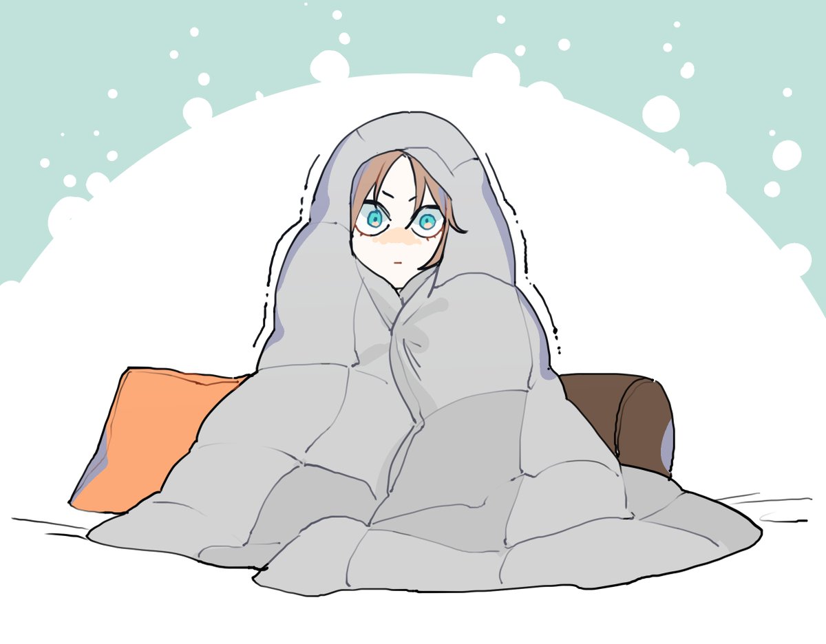 1girl solo brown hair under covers blue eyes blanket pillow  illustration images
