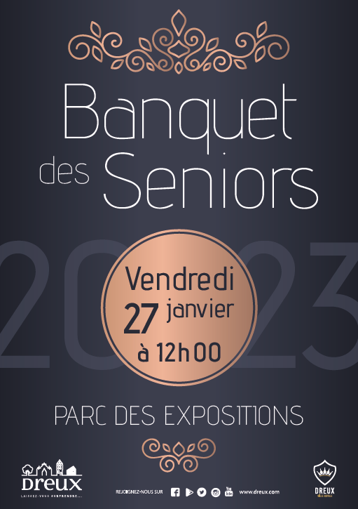 Le Banquet des Seniors aura lieu le vendredi 27 janvier au Parc des Expositions ! 
Vous êtes drouais et vous avez plus de 65 ans ? Inscrivez-vous au CCAS ou en cliquant ici :
➡ bit.ly/3uwKVL7
#Dreux