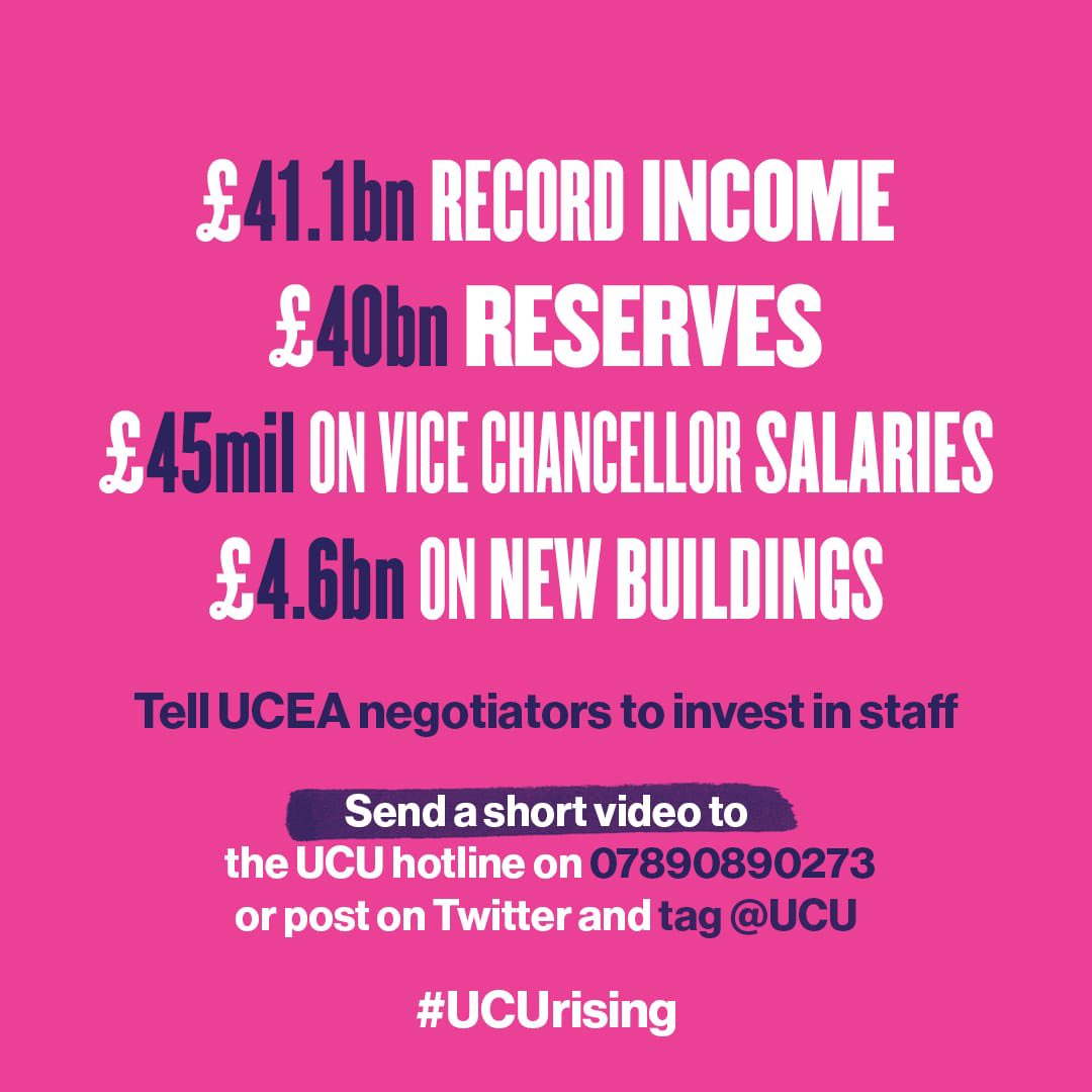 ucu's tweet photo. Staff are sick of being told there's no money for them in a sector dripping in cash.

Tell UCEA negotiators the sector can afford to invest in staff. 

Send a short video to our hotline on 07890890273 OR post on Twitter and tag us @ucu 🎥

#ucuRISING https://t.co/p7gMDo51ZN