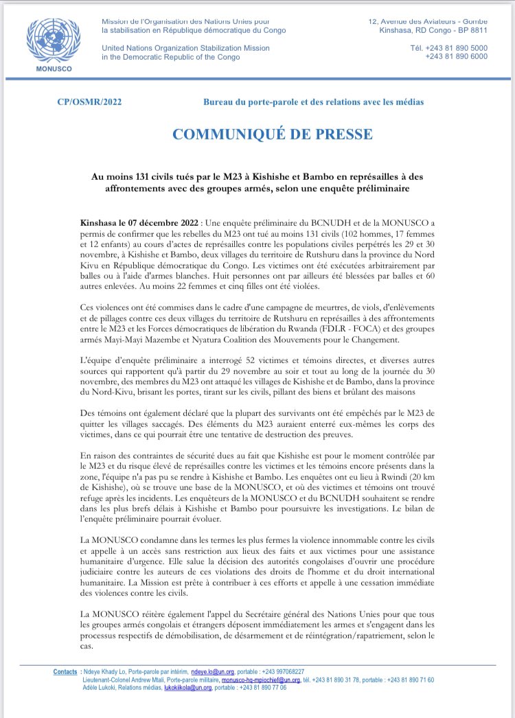 According to a preliminary investigation led by <a href="/unjhro/">UN Human Rights DRC</a> and <a href="/Monusco/">MONUSCO</a>, at least 131 civilians (inc. 12 #children) were killed by #M23 during acts of reprisal against the pop. of #Kishishe and #Bambo #DRCongo - At least 22 women and 5 girls were raped, 60 ppl abducted.