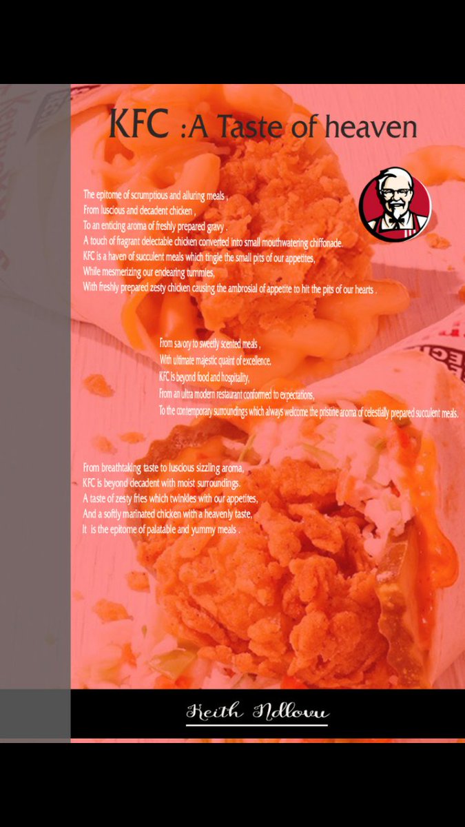 Kyth18035010's tweet photo. @KFCSA how can I get this poem to be recognized by you guys ? 
#foodpoetry #kfcpoetry
 @kfc @KFC_UKI @ntsikimazwai https://t.co/lMW3DrUuvZ