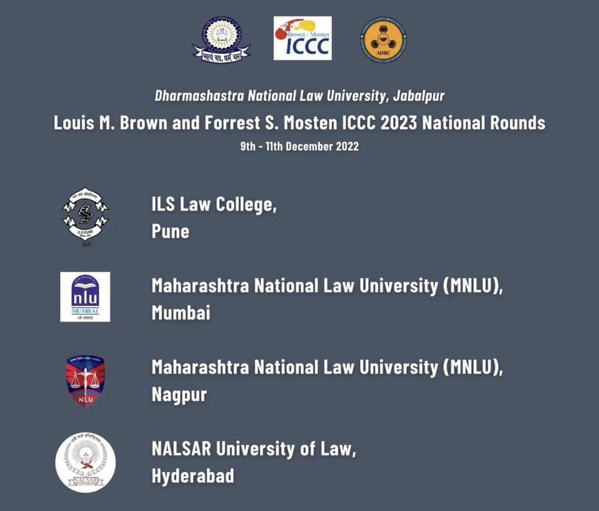 DNLUofficial's tweet photo. DNLU Jabalpur wishes best of luck to all the participating institutions in the national rounds of the Louis M. Brown &amp;
Forrest S. Mosten ICCC 23!
#dnlu #clat #nlu https://t.co/xDkK957d6h