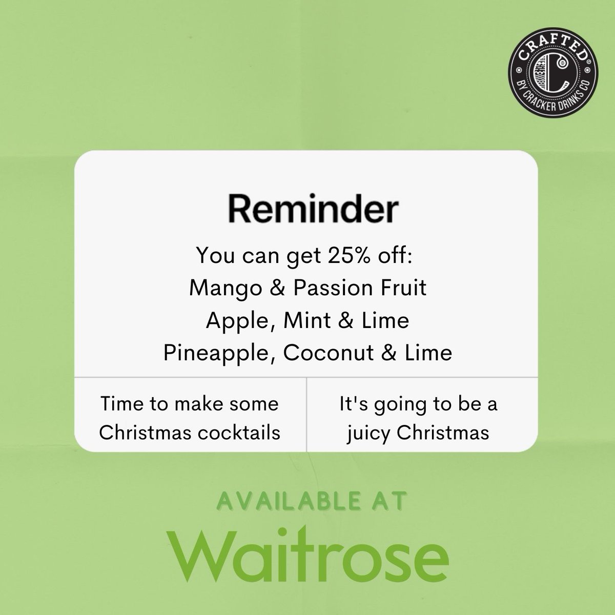CraftedDrinks's tweet photo. We would say run - but in this icy weather - maybe it's best to slide down to @waitrose  to get 25% off CRAFTED flavours Mango &amp; Passion Fruit, Apple, Mint &amp; Lime AND Pineapple, Coconut &amp; Lime ❄️⛷️😜 Promo running from until 26/12/22 💚 https://t.co/WJKdRZmwiq