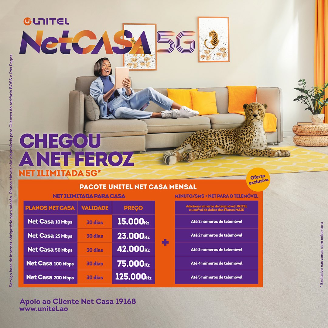 unitelao's tweet photo. Chegou a net feroz: Unitel Net Casa 5G!
A partir de agora podes estar sempre conectado através de um pacote único que oferece os melhores planos de net para casa.
Contacta ao apoio 19168 ou via Whatsapp: 923 119 168
#UnitelAngola #UnitelNetCasa #NetCasa #InternetResidencial #5G https://t.co/6AjsFlksJF