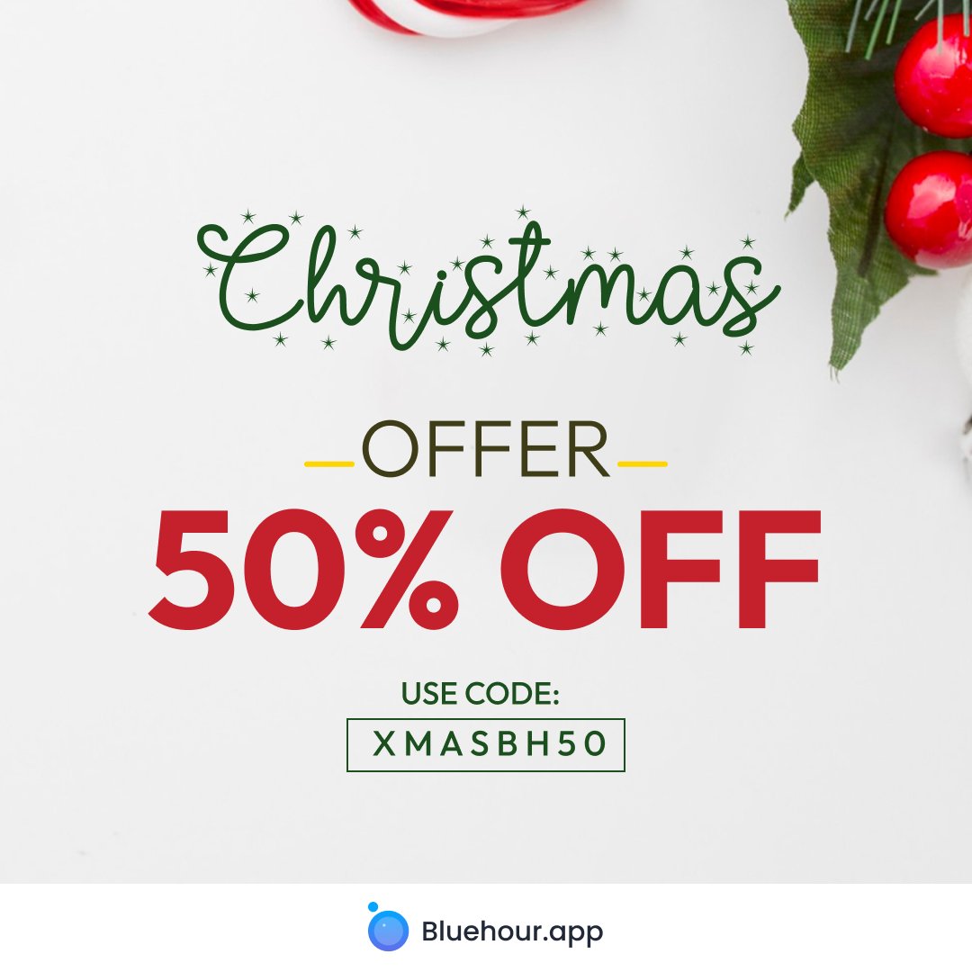AppBluehour's tweet photo. Bluehour’s Christmas Plan is now live! Introducing our pricing plan with the craziest sale of the year. This Christmas, you can buy your Bluehour plan at a whopping 50% off!  

Use code: XMASBH𝟓𝟎 when you checkout
 Hurry up!! 
 Offer valid till 31st Dec,2022 https://t.co/M8sLgUMFmJ