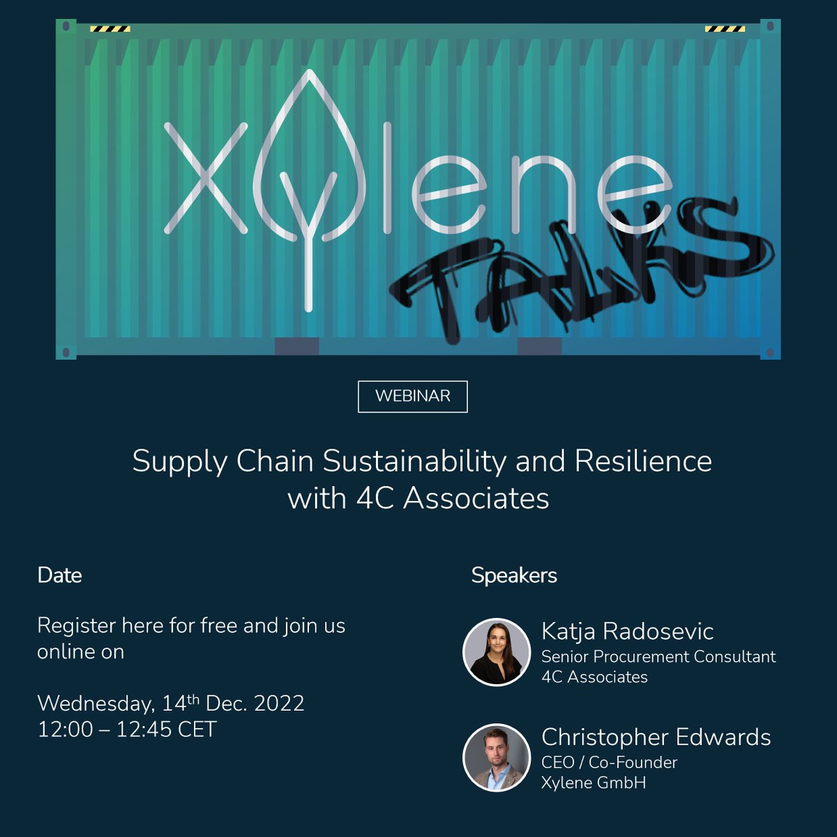 Xylene Talks on Wednesday 14th Dec. at 12:00h CET. Register for #free to set your orgainsation up for #2023.

Go and register here for free now 👉 hubs.li/Q01vm0vQ0

#webinar #supplychain #transparency #sustainability #resilience #blackswan #XyleneTalks