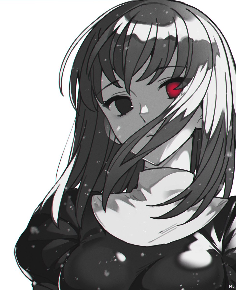 1girl solo red eyes dress monochrome breasts looking at viewer  illustration images