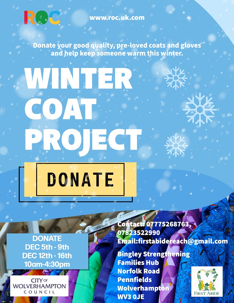WolvesCouncil's tweet photo. If you've got any old, good quality, winter clothing you no longer need (coat, hat, scarf or gloves), pls donate it for others via @weareROC #WinterCoatProject at Bingley Strengthening Families Hub, Norfolk Road, WV3 0JE, weekdays by 16 Dec, Full story: https://t.co/zy1fO59f5R https://t.co/0pOepq8Ybm