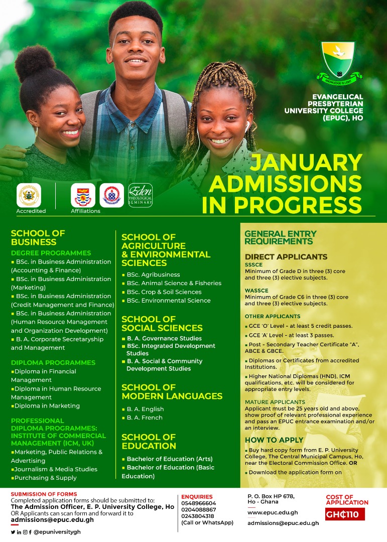 epuniversitygh's tweet photo. It's not too late for you to apply.

If you missed the September Admission, January Admission is STILL ongoing.

#ThisIsTheTime
#EPUCRising https://t.co/AeFk4POHs6