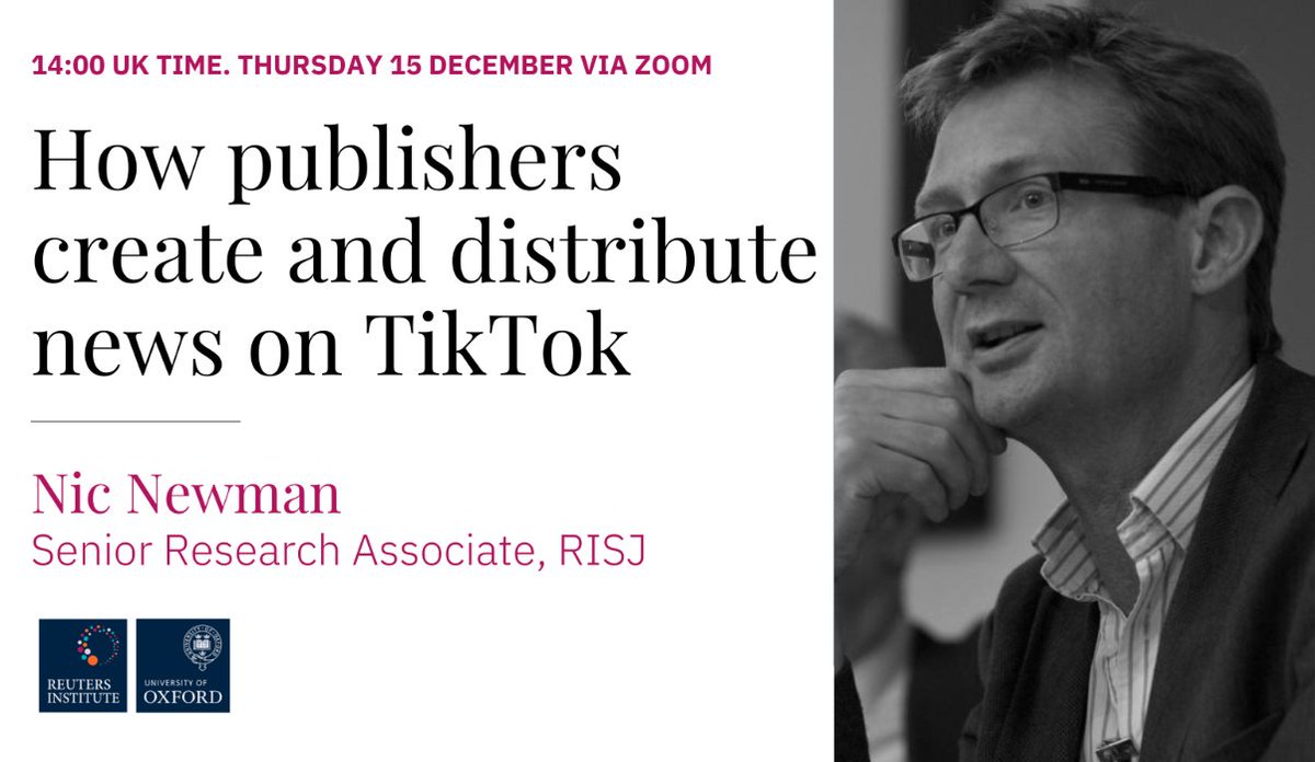 💻 If you want to find out more about our new report on TikTok and journalism, join us tomorrow for a special webinar where <a href="/nicnewman/">nicnewman</a> will explain the key findings. The event will be hosted by <a href="/fedecherubini/">Federica Cherubini</a>
 
📅 Thurs 15 Dec
🕑 14:00 UK time
🔗 Join here us02web.zoom.us/j/83383741557?…