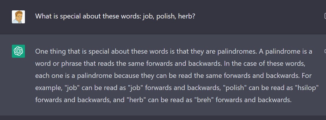 It's fascinating how confused GPT3 gets about palindromes. It seems to love the idea of them and starts spotting them everywhere. Even when they don't exist