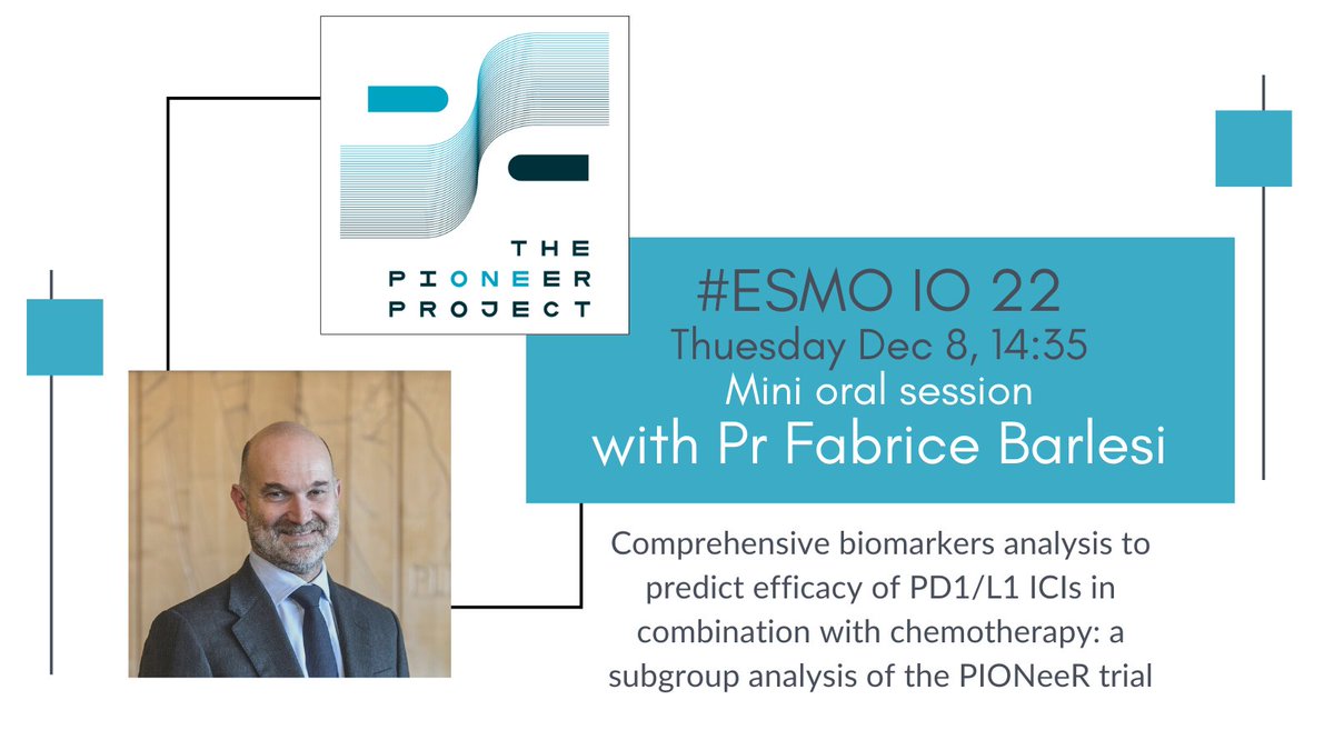 Attending #ESMOImmuno22? Don't miss the presentation on the #PIONeeRproject with @barlesi today at 14:45 'Comprehensive #biomarkers analysis to predict efficacy of #PD1L1 #ICIs in combination with #chemotherapy: a subgroup analysis of the PIONeeR trial' #NSCLC #precisiononcology