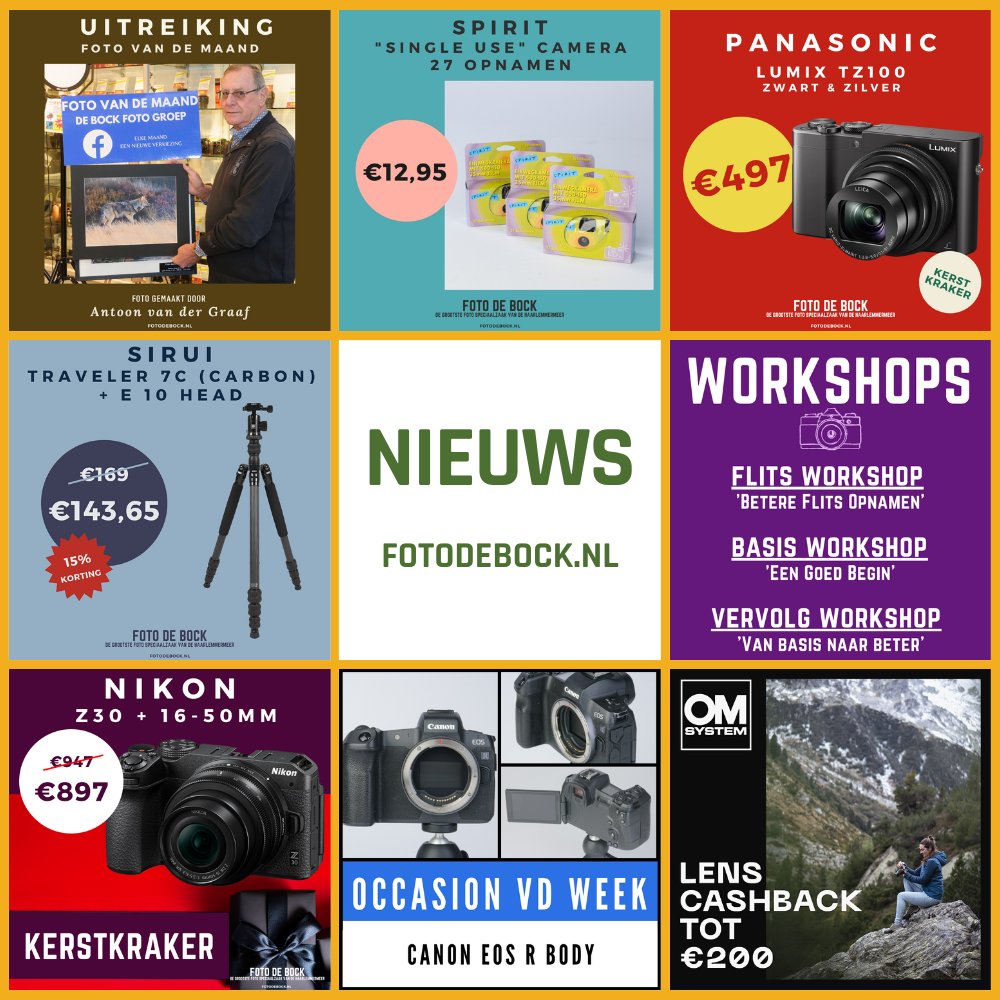 #FotoDeBock #Nieuws 8-12-2022 

fotodebock.nl/foto-de-bock-n… 

WIN EEN ACTION CAM: eepurl.com/bMYXKn 

#Uitreiking #FotoVanDeMaand #OlympusCashback #PanasonicLumixTZ100 #NikonZ30met16-50mm #SiruiCarbonStatief #SingleUseCamera #Actie #FotoDeBockNieuws