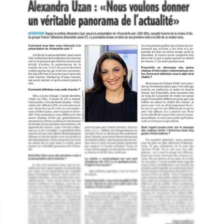 [Revue de presse] #LaPresseEnParle

🗞 « Nous voulons donner un véritable panorama de l'actualité »

📍L'interview d'<a href="/uzan_alexandra/">📺 Alexandra Uzan 📺</a>, à lire dans La Lettre de l'Audiovisuel

🕙 RDV à 22h pour :franceinfo soir, sur #franceinfo canal 27 📺