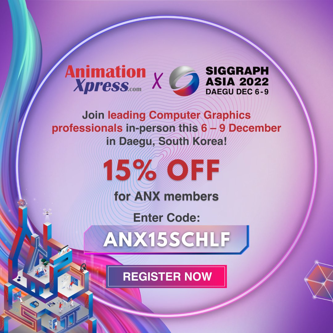 AnimationXpress's tweet image. Join the global #CG &amp;amp; #InteractiveTechniques community in Daegu this 6-9 Dec at SIGGRAPH Asia  Learn, network, &amp;amp; get inspired by some of the brightest minds in the industry. Enter exclusive code [ANX15SCHLF] to enjoy 15% off! Register 👉 sa2022.siggraph.org/register #SIGGRAPHAsia2022