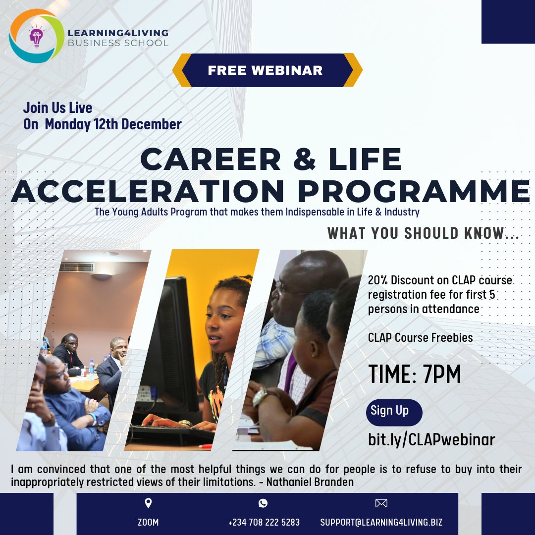 _learn4life's tweet photo. Hello Friend!

Join us 7 pm on Monday 12th December to learn about the CAREER &amp; LIFE ACCELERATION PROGRAMME and its goal to make you indispensable in life, career, and industry.

 https://t.co/YQxdshZCUy

Here's what you can learn
*How to equip yourself with knowledge and tools https://t.co/eriqKhvytc