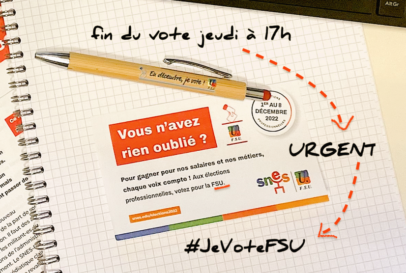 MarieLaureGB's tweet photo. Tic tac tic tac... Vous n'avez rien oublié ?
#Urgent #JeVoteFSU #ElectionsProfessionnelles #ElectionsPro #ElectionsProfessionnelles2022 https://t.co/049PQh4vr2