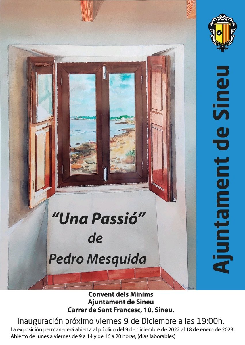 🎨 Demà divendres l'Ajuntament es vesteix de gala amb les passions del pintor Pedro Mesquida Gaya. Inauguració a les 19 hores; exposició oberta fins al 18 de gener. Tothom hi està convidat!