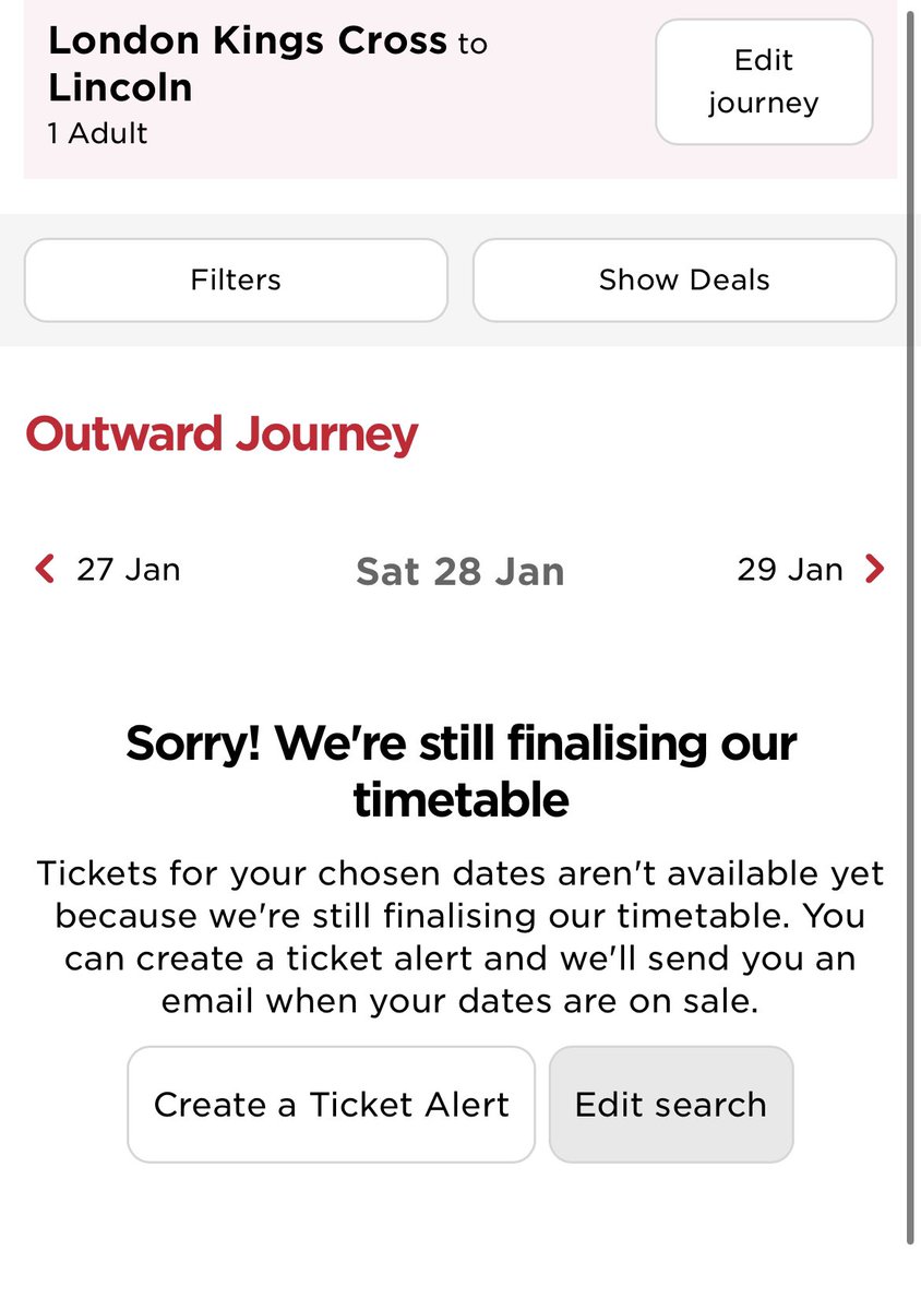 e_v_goods's tweet photo. @LNER are you actually able to confirm when tickets for 28/29 January will be available? Set up a ticket alert, received email today saying they they were now available but when I followed the link in the email they’re not available? https://t.co/Ybr7guwWjS