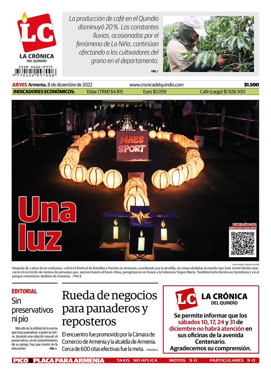 croniquindio's tweet photo. #PortadaLC 📰 | ¡Muy buenos días! 🌤️ Esta es nuestra portada para este #jueves 8 de #diciembre. Encuentra toda la información del #Quindío en nuestro sitio web: https://t.co/8FViyzjglC https://t.co/XTJNjEzK93