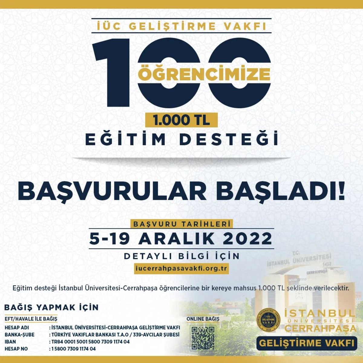 iucmuh's tweet photo. "Eğitim Desteği Başvuruları Başladı"
İÜC Geliştirme Vakfı tarafından öğrencilerimize bir kereye mahsus verilecek olan “Eğitim Desteği” hakkında detaylı bilgiye https://t.co/Tp3pd6Nwqi adresinden ulaşabilir ve başvurularınızı yapabilirsiniz. https://t.co/Te2BbWf6cD