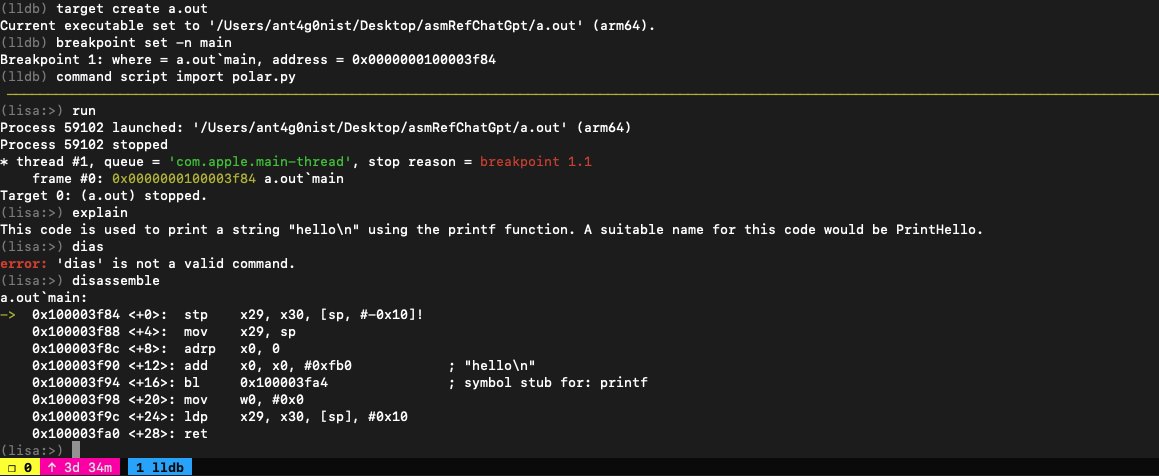 ant4g0nist's tweet image. So, I wrote a LLDB plugin called Polar that queries @OpenAI davinci-003 and explains the disassembly of the frame. Will add this Lisa.py later, but now you can find the code for Polar here and try it out:

github.com/ant4g0nist/pol…

#lldb #netsec #chatgpt