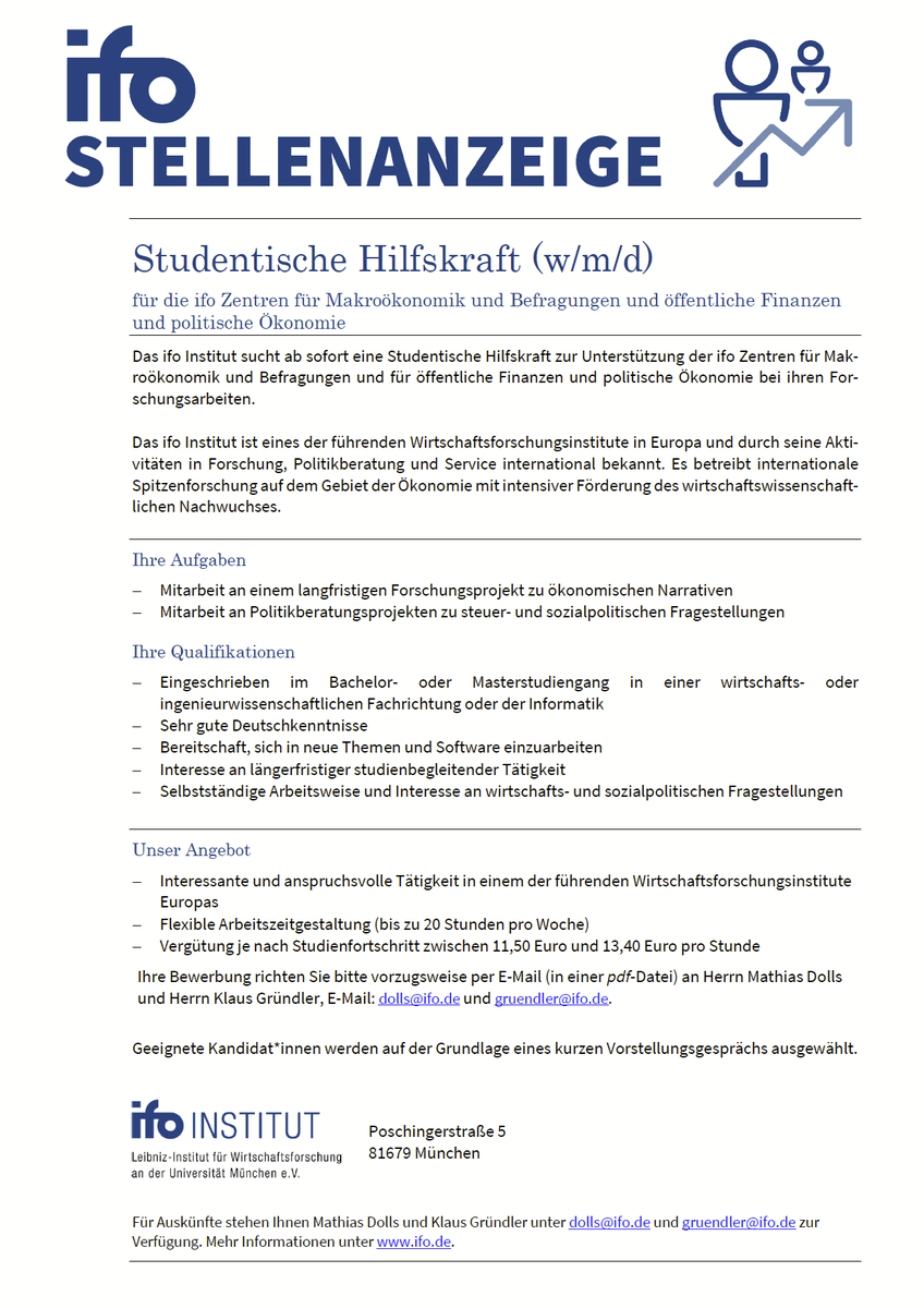 Wir suchen am ifo mehrere Hiwis (gerne auch Bachelor) für Mitarbeit an mehreren Big Data Projekten. Es sind keine speziellen Vorkenntnisse notwendig, und man kann/wird entsprechende Methoden on the job lernen ...
ifo.de/stellenangebot…