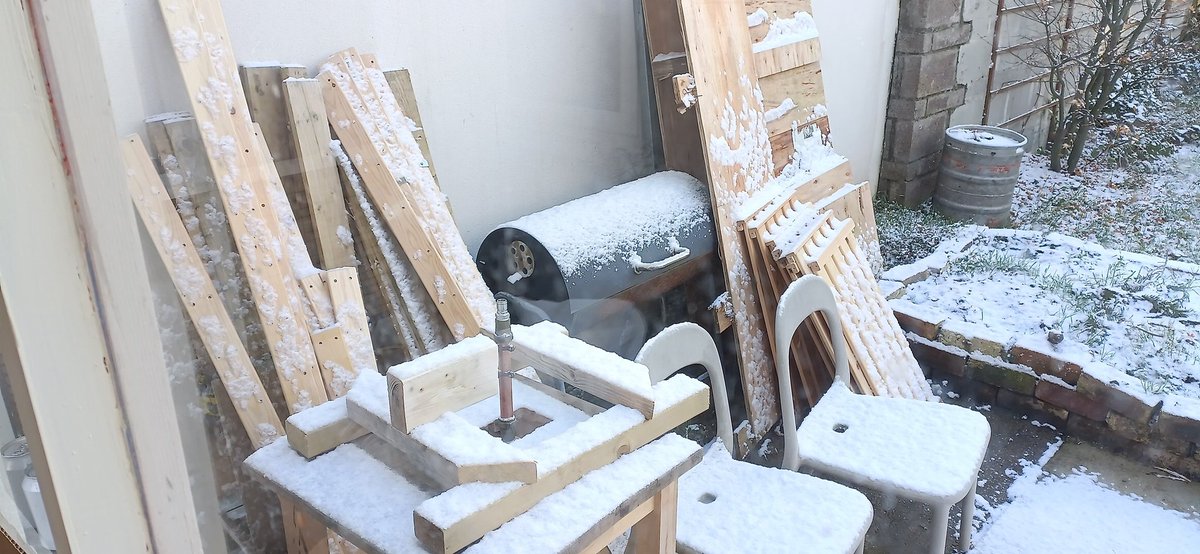 "I'll just leave this wood outside for those shelves I need to build, it won't rain... Or snow." 🤦

At least it's tres bonny out there though.