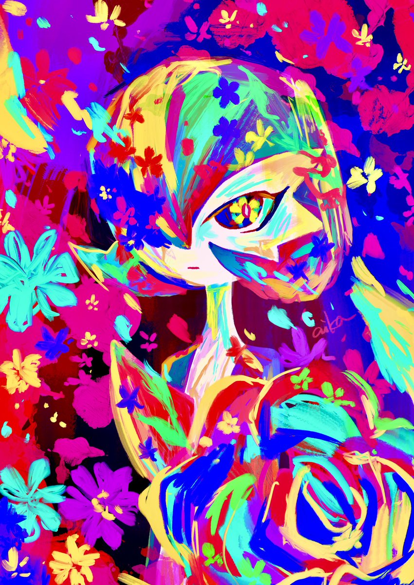 gardevoir solo flower pokemon (creature) colored skin white skin short hair hair over one eye  illustration images