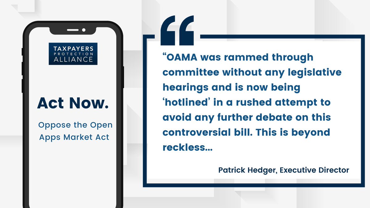Protectaxpayers's tweet photo. 🚨TPA Statement: 

We strongly urge members of Congress to oppose the Open App Markets Act (#OAMA). This bill would put millions of consumers’ devices at risk and open app ecosystems to foreign adversaries.

https://t.co/z1SRK2XMpJ https://t.co/qzQgMKeS7v