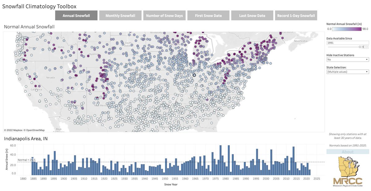 The NEW❄️Snowfall Climatology Toolbox❄️ created by <a href="/MidwestClimate/">MRCC</a> provides streamlined access to high-quality historical snowfall data across the entire US. Annual &amp; monthly normals, first/last snow dates, # of snow days, 1-day records all available ⤵️ 
mrcc.purdue.edu/mw_climate/sno…