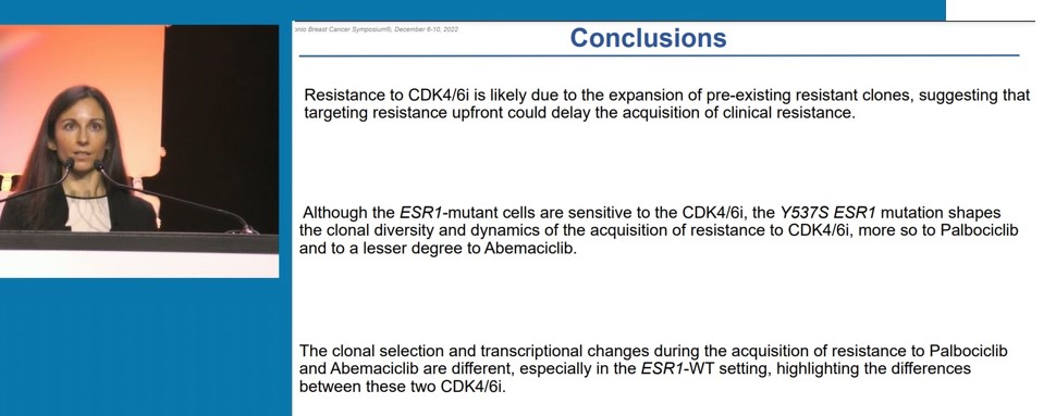 Dr. Cristina Guarducci presents research on Clonal evolution and mechanisms of acquired resistance to CDK4/6 inhibitors in ER-wild type and ER-mutant breast cancer at @SABCS22 @RMJesel @simocristea @NardoneAgostina @maverybrown