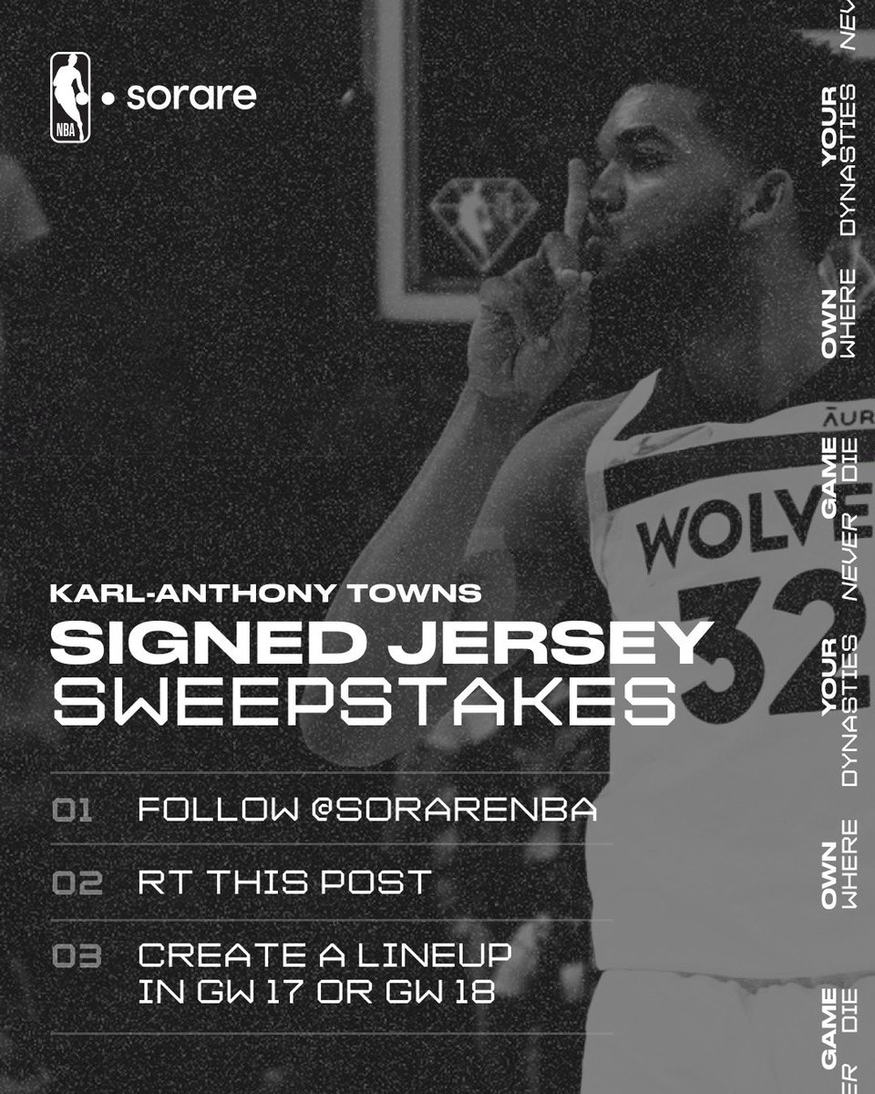 Want a chance to win a signed @karltowns jersey? We're giving you that opportunity this holiday season! 🎄

To enter:
1. Follow <a href="/SorareNBA/">SorareNBA</a> 
2. RT this post
3. Submit a lineup in GW17 or GW18 ➡️ go.sorare.com/sqstd

Rules: go.sorare.com/dcrqf