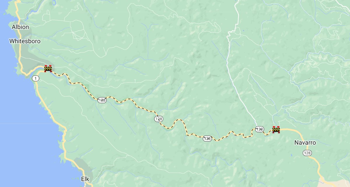 CaltransDist1's tweet photo. TRAFFIC ALERT: Route 128 is fully closed in Mendocino County from Route 1 to Navarro due to flooding. We will provide updates as they become available. Please check https://t.co/faudYObfTh or the Quickmap app for the latest road conditions.
#Route128 @CaltransDist1 https://t.co/iGUk8AEKAV
