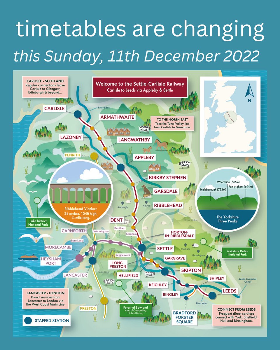 Timetables are changing THIS SUNDAY across the network

You can now view our winter line guide, which includes the timetables for the #SettleCarlisleRailway and <a href="/TheBenthamLine/">The Bentham Line</a> at tinyurl.com/winter-line-gu…

Please check before you travel due to timetable changes and RMT strikes