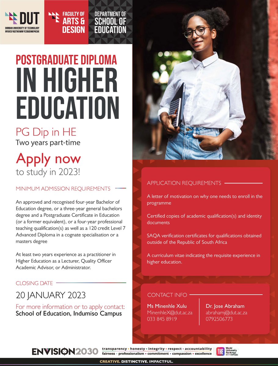 Applications are open for the Postgraduate Diploma in Higher Education. Enquires and applications should be sent to Dr Jose Abraham at abrahamj@dut.ac.za  / 079 250 6773 and Ms Minenhle Xulu at MinenhleX@dut.ac.za / 033 845 8919.