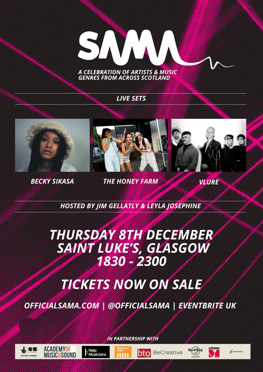 Looking forward to sponsoring and attending the <a href="/OfficialSAMA/">SAMA</a> Scottish Alternative Music Awards tonight <a href="/stlukesglasgow/">Saint Luke's</a>. #LiveMusic from @VLURE_, <a href="/The_Honey_Farm/">The Honey Farm</a> and Becky Sikasa with hosts <a href="/JimGellatly/">Jim Gellatly</a> and @LeylaJosephine1. See you there! #musicbusiness #music #musicbiz #glasgow