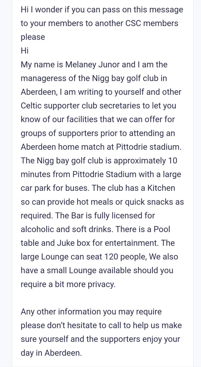 Received this message which may interest CSC's going to Pittodrie a week on Saturday. 
The early kick off doesn't give much pre-match time though.