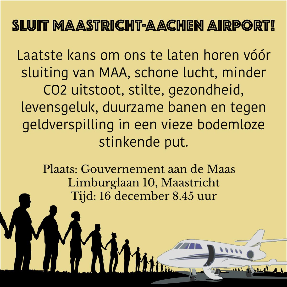 Paulawielders's tweet photo. Kom je mee demonstreren voor schone licht en minder geluidsoverlast in #Limburg? #maastrichtaachenairport #Luchtvaart #stilstof #klimaat #klimaatcrisis https://t.co/lS3e7VdX8I
