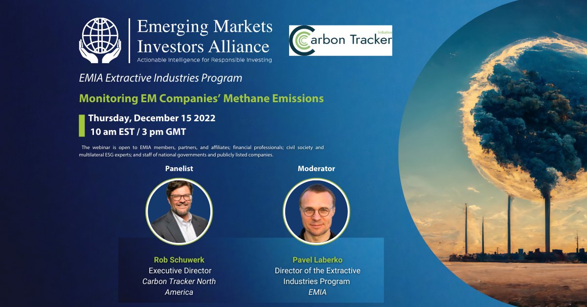 emi_alliance's tweet photo. Don't miss our webinar with @CarbonBubble's expert, @RobSchuwerk, who will describe the data and tools available to emerging market investors when analyzing the methane emissions of companies in developing countries, hosted by EMIA's Pavel Laberko. https://t.co/MARvxCito1 https://t.co/w3vWEeOYCr