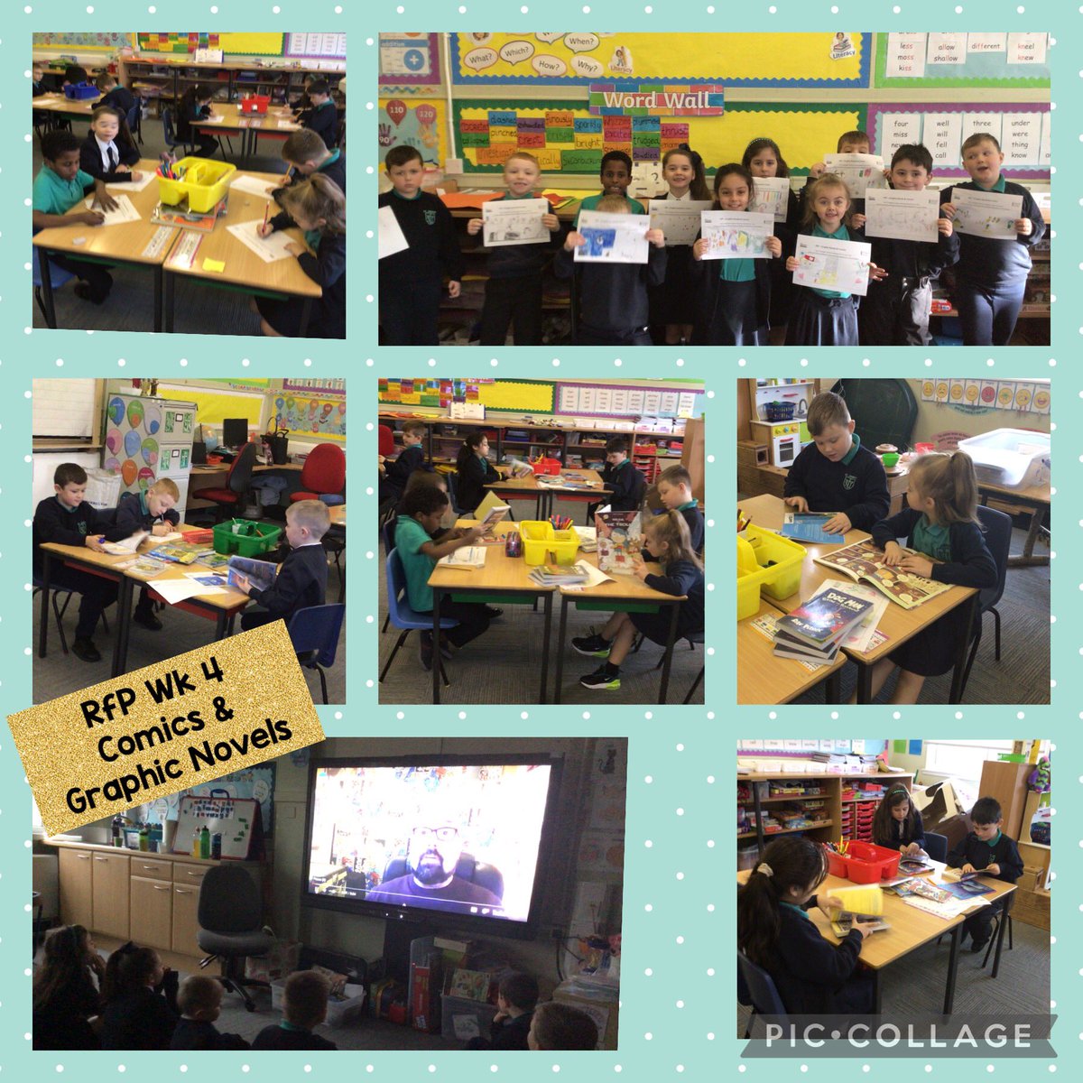 PopUpInverclyde's tweet photo. RfP Wk 4 &amp; 5

P3 @st_josephps had a great time exploring comic, graphic novels &amp; non fiction 

📱🦖 we loved having dinosaurs and creepy crawlies roaming the classroom
💡fantastic ideas for @pjbristow comic challenge

#RfPInverclyde https://t.co/7x2mrCpNTS