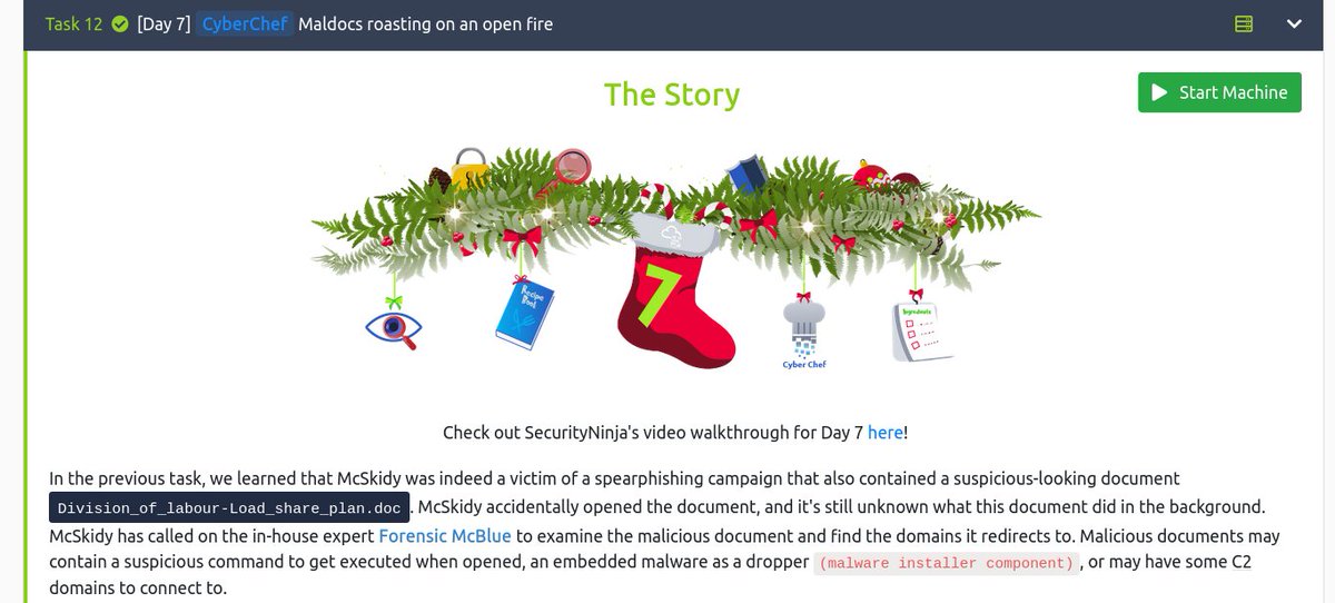 hasibbadon's tweet photo. Advent of Cyber 2022 Day 07 [ #COMPLETED ] 
TOPIC: (CyberChef) 
Maldocs roasting on an open fire : [ https://t.co/AeGvJuXTYX ]
via @tryhackme

@hasibbadon #hasibbadon #Hasib_Badon #tryhackme #adventofcyber https://t.co/au3O9UTxTo