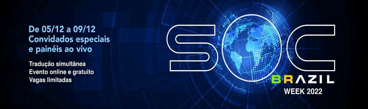 O SOC Brazil Week 2022 já começou!

E aqui está o seu link de acesso:

us06web.zoom.us/j/83834156009?…

O evento acontece de 05 a 09/12, iniciando sempre às 20h (horário de Brasília) e será 100% online e gratuito.

Mais informações:main.d3t11wju66tnxq.amplifyapp.com