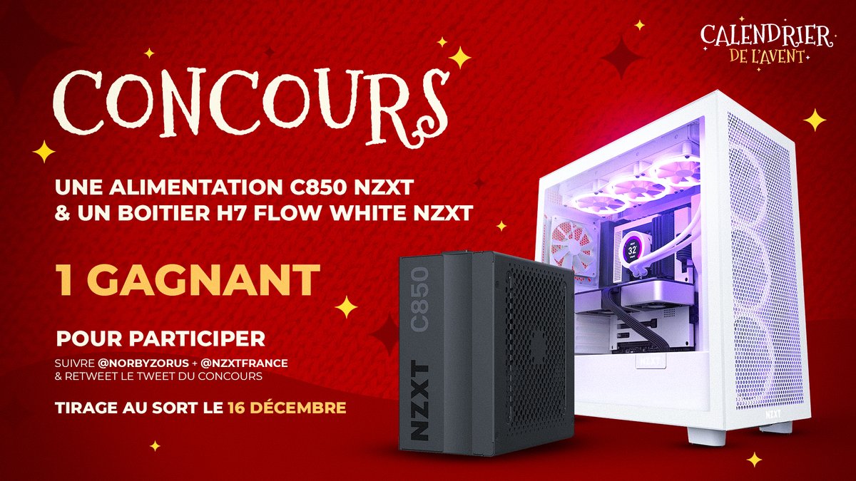 CALENDRIER DE L'AVENT 2022 - JOUR 8 🎄❄️

Tentez votre chance pour gagner une alimentation C850 &amp; un boitier H7 Flow White de chez <a href="/NZXTFrance/">NZXT France 🇫🇷</a> (merci à eux pour ces superbes cadeaux)

👥 Follow <a href="/NZXTFrance/">NZXT France 🇫🇷</a> &amp; <a href="/Norbyzorus/">Norby</a> 
🔁 RT le tweet du concours

TAS le 16/12/2022 🎅🏼
