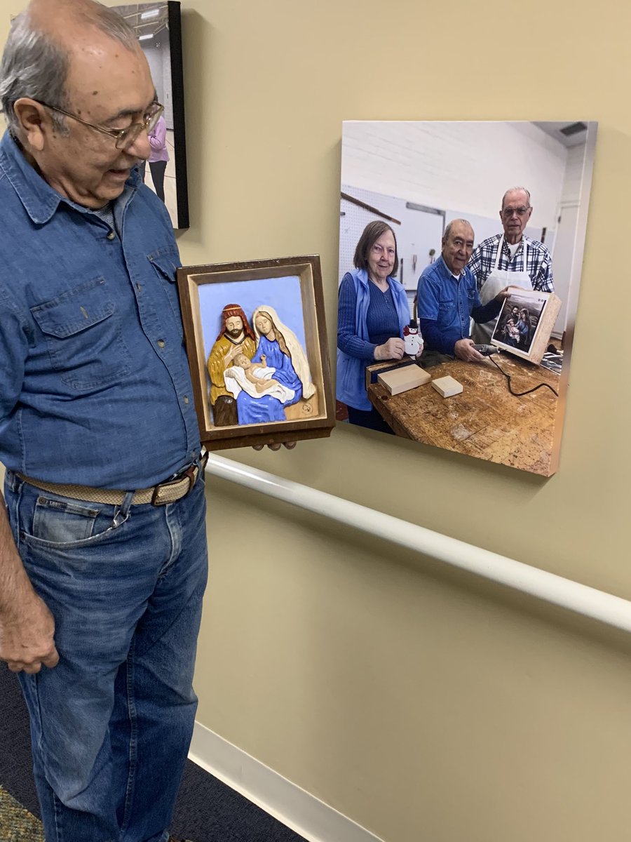 BigelowCtr's tweet photo. Magnificent Nativity carving made by Bigelow craftsman Guillermo Reyes.  Shown with fellow craftsmen Don Lamberty and Chris Lussen. https://t.co/5KQaTjXcmg