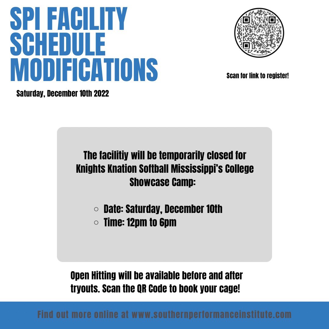 🚨Facility Modifications Saturday, Dec. 10th🚨 

The facility will be closed from 12-6pm on Saturday, December 10th for the first Knights Knation Softball MS College Showcase Camp! 

Interested in attending? Use the QR code to register!