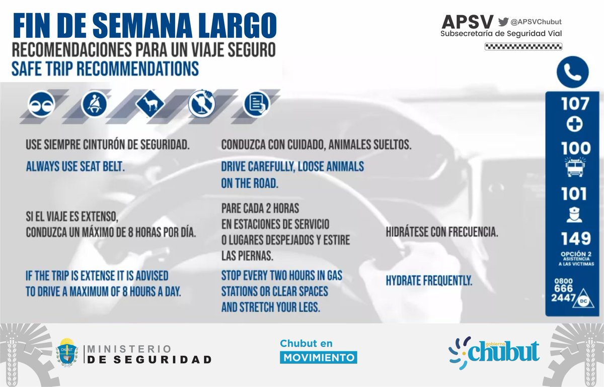 APSVChubut's tweet image. GOBIERNO DEL CHUBUT
MINISTERIO DE SEGURIDAD
Subsec de Seg Vial | #APSV

#Chubut
#findelargo 
Recomendaciones para un viaje seguro en las principales rutas y destinos turísticos de la provincia.
⬇️⬇️⬇️