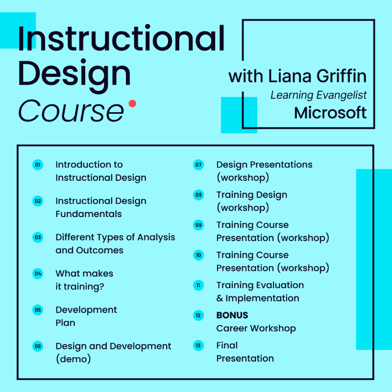 elvtrcom's tweet photo. 🎯 Develop a course with review by a Microsoft instructional designer!

Learn the art and science of effective course design in this 6-week Instructional Design bootcamp with Liana Griffin, Learning Evangelist for Microsoft.

👉 Tap for course program!