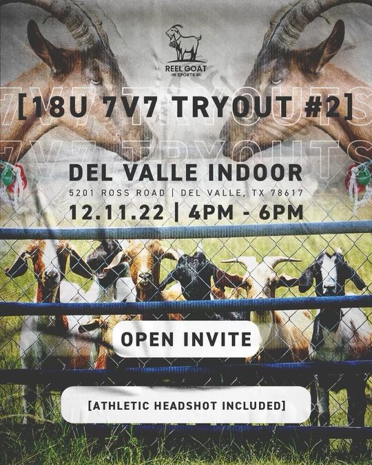The Final Tryout! This 7v7 team is something you want to be apart of! • 1 Team • Coaching staff is ELITE • Indoor Facility • @ReelGoatSports x @inhousemediatx will partner for media!