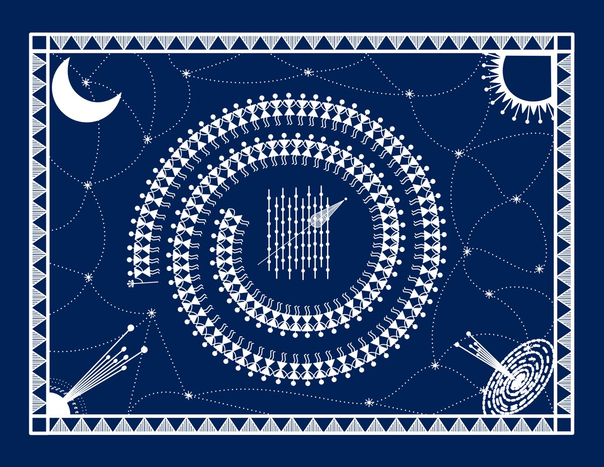 uw_icecube's tweet photo. IceCube PhD student Kunal Deoskar (@KDeoskar) created this cover art for his thesis, which searched for neutrinos from gamma-ray bursts. 

His art blends a traditional Indian tribal art style with neutrino astrophysics 😍

Check out his comic as well! ➡️ https://t.co/QmpHR7JcoO https://t.co/uJBBgSOXxl